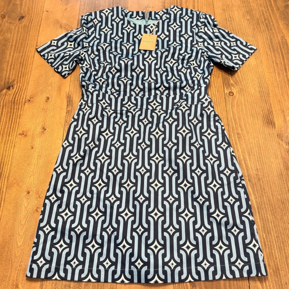 Boden Geometric Shift Dress‎ Short Sleeve Blue US 8 Cotton NEW